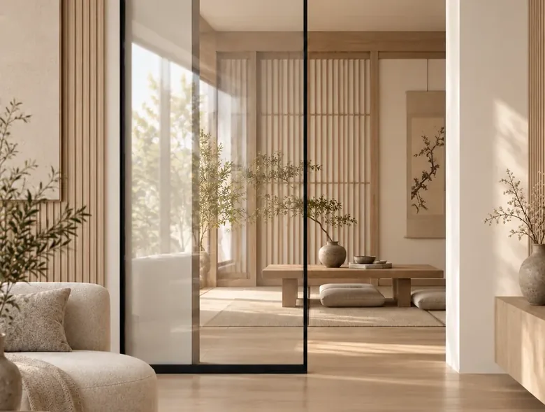 Slim aluminium ghost sliding door dividing two living spaces