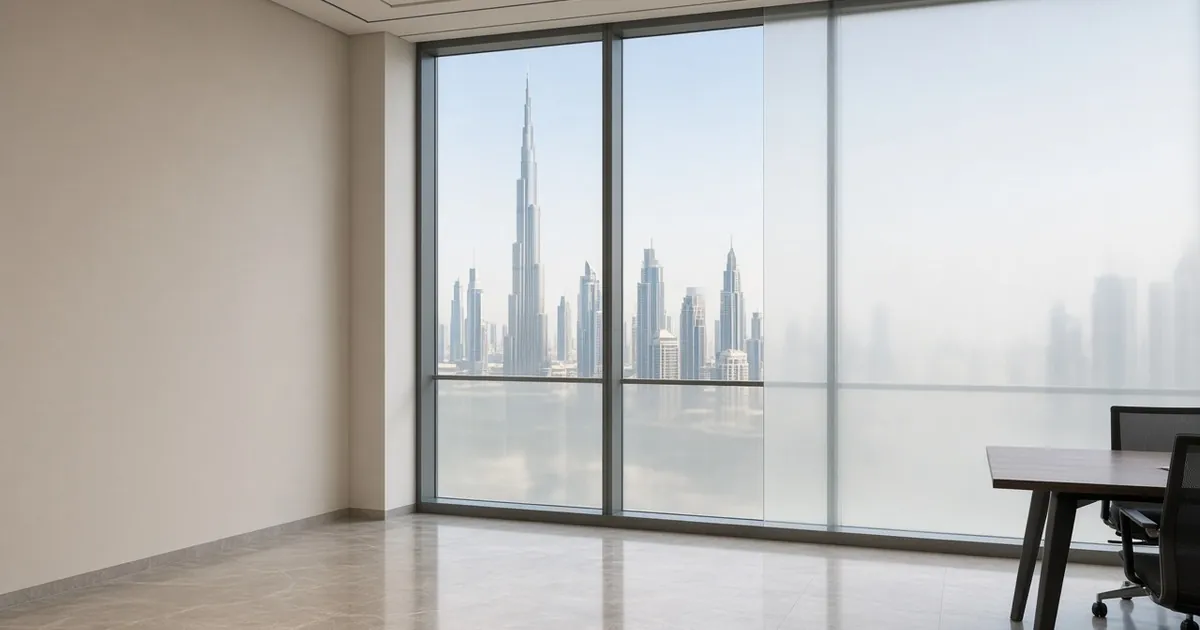 Office window with one frosted smart film pane and clear panes showing the Dubai skyline