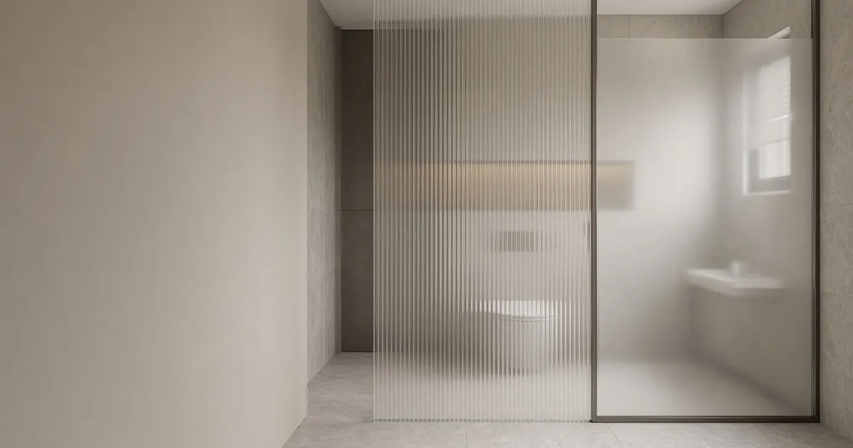 Walk-in shower enclosed by ribbed frosted glass in a minimalist bathroom
