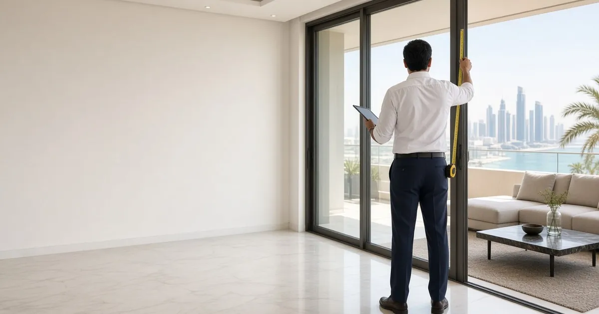 Technician measuring a large sliding glass door frame during a free site survey in Dubai
