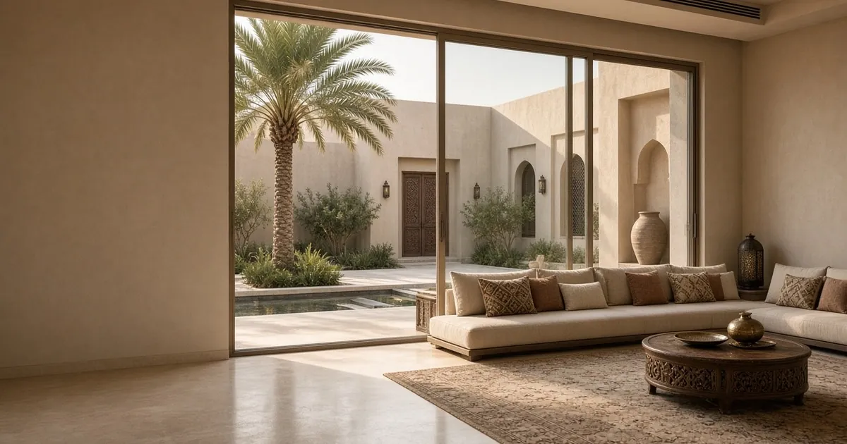 Dubai villa living room with a glass wall opening to a palm courtyard