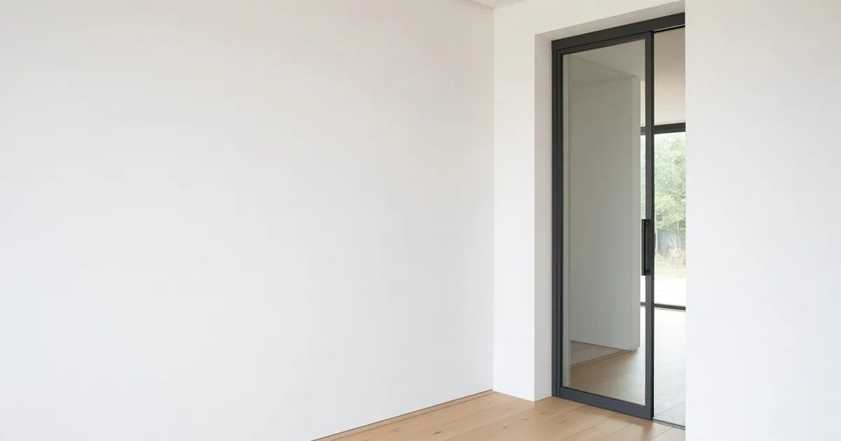 Bright interior wall corner with a black-framed glass door, showing space beside a pocket door