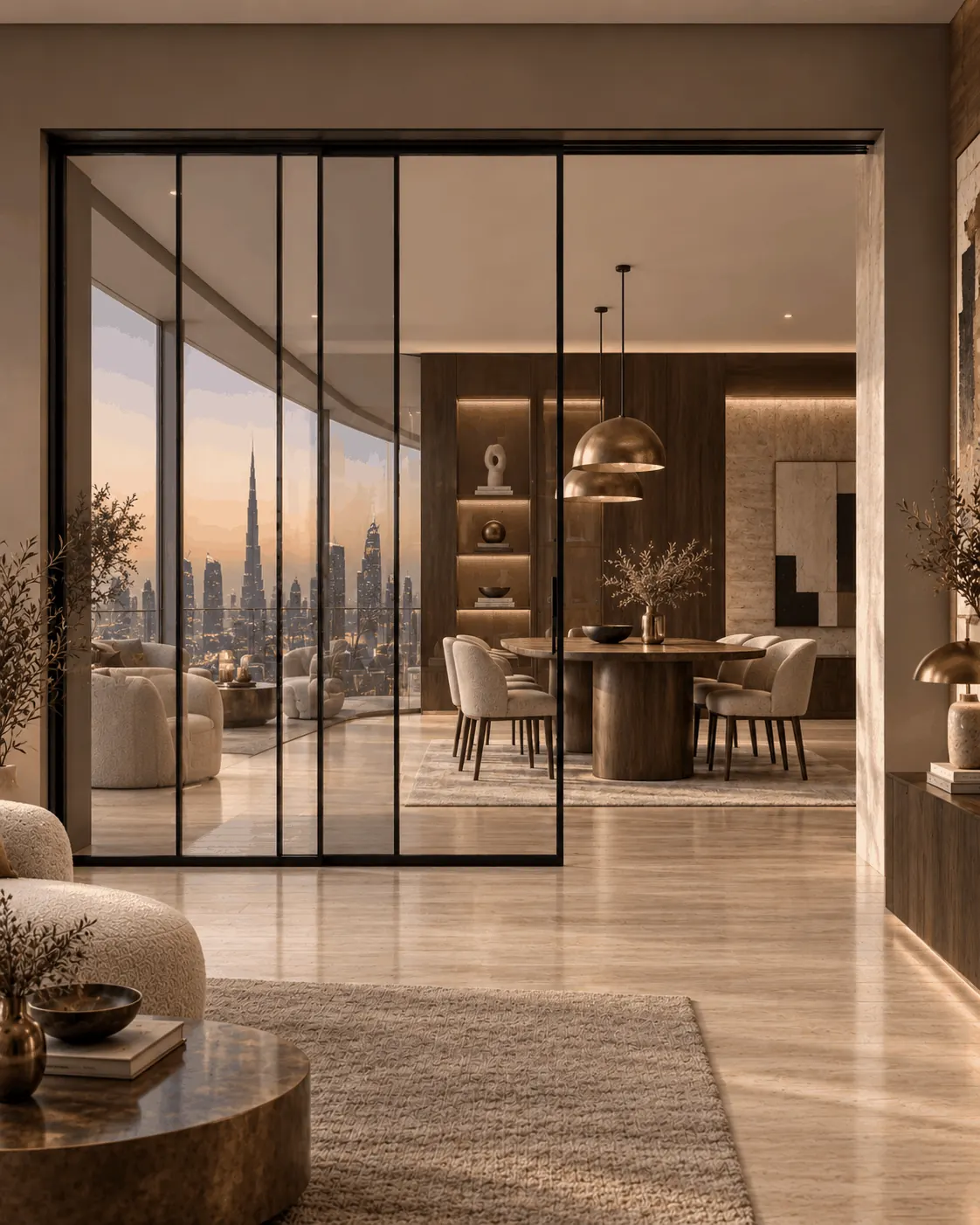 3+3 Linkage Doors (Telescopic Sliding Doors) with slim black frames between a living room and a dining area