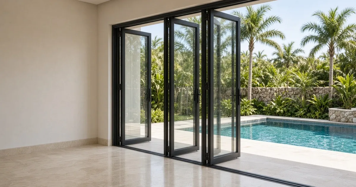 Slim black-framed bi-fold glass doors folded open to a villa pool and palm trees