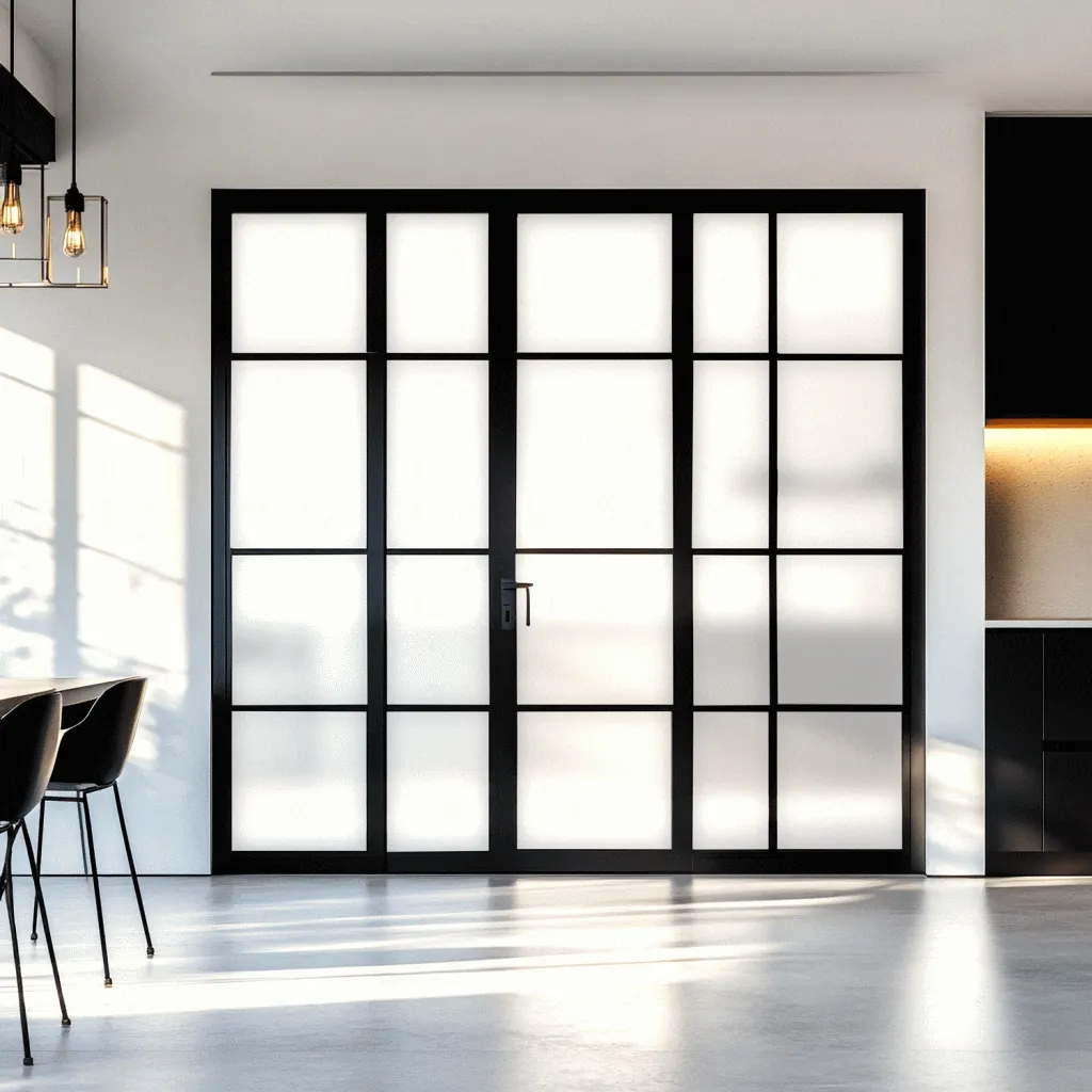 Black-framed grid glass double doors in a bright modern room