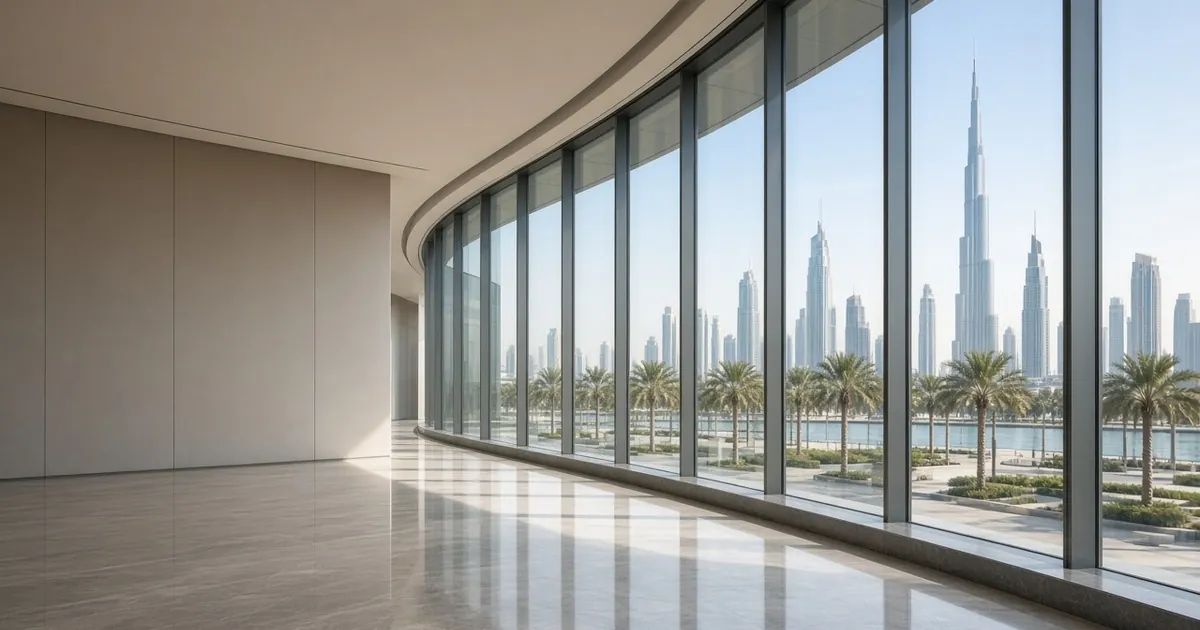 Curved floor-to-ceiling glass wall in an empty room overlooking the Dubai skyline