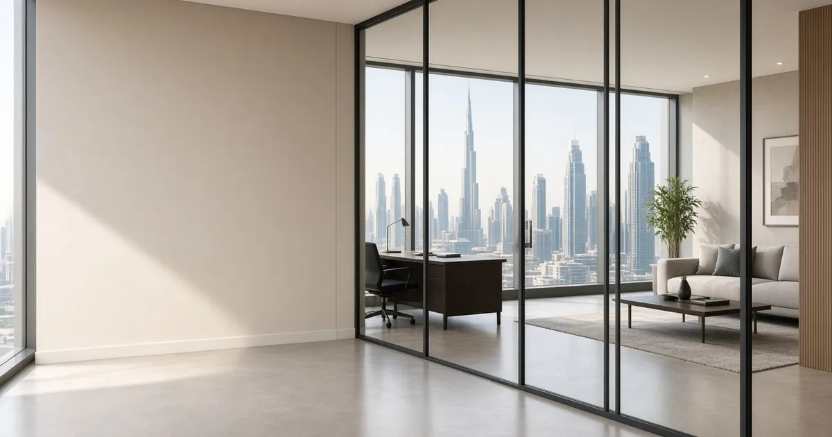 Floor-to-ceiling fixed slimline glass partitions in a Dubai office with a city skyline view