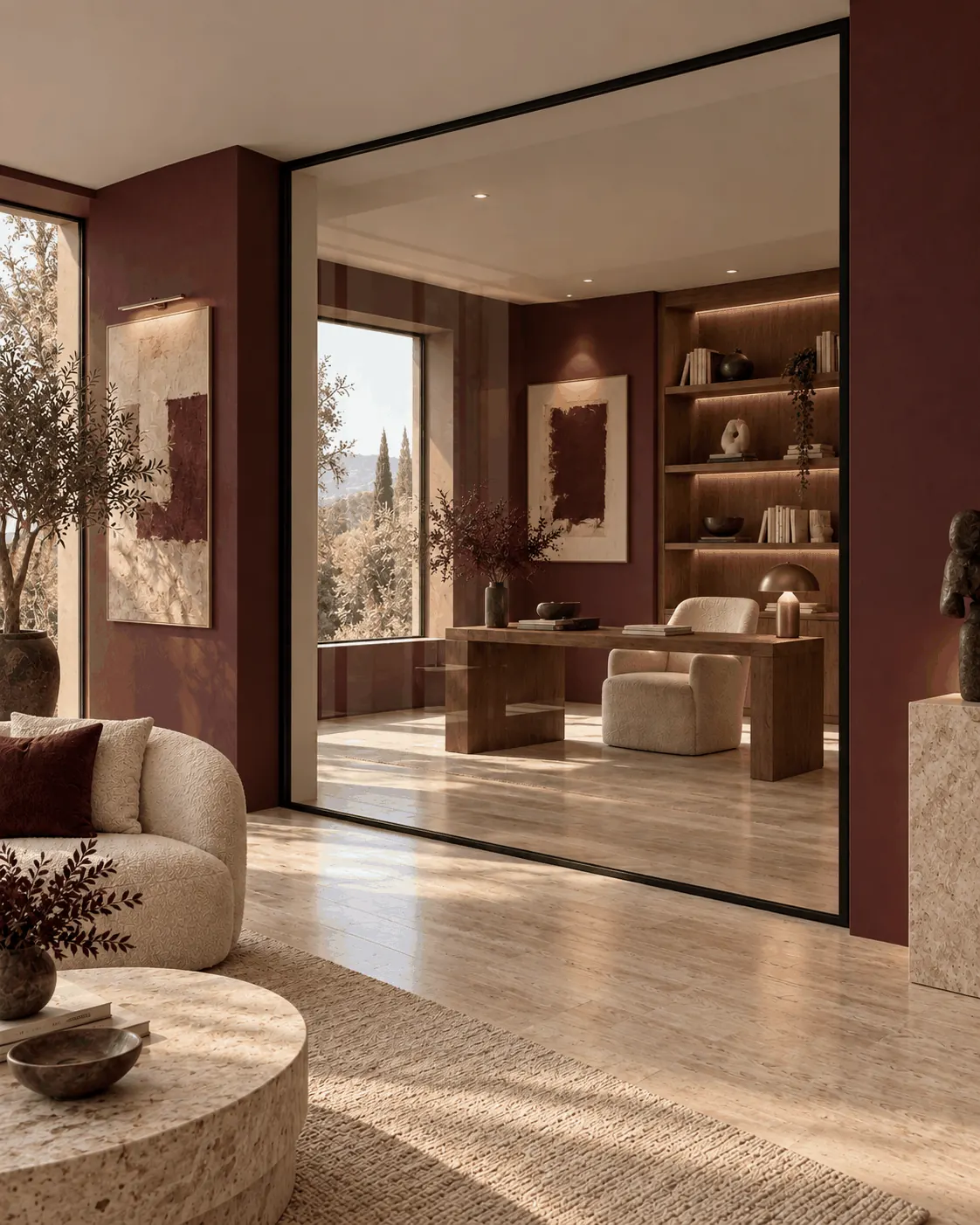 Fixed Slimline Panel (Glass Partitions): a tall slim-framed glass panel dividing a living room from a study