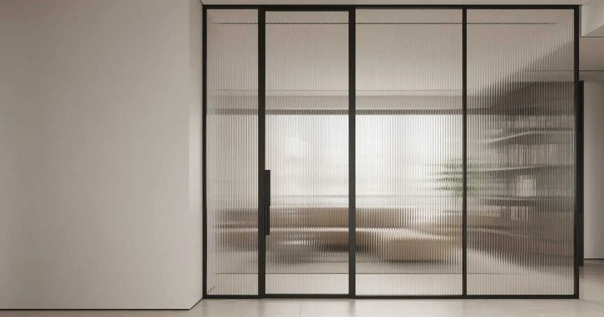 Vertical fluted glass partition in a black frame separating a modern living room