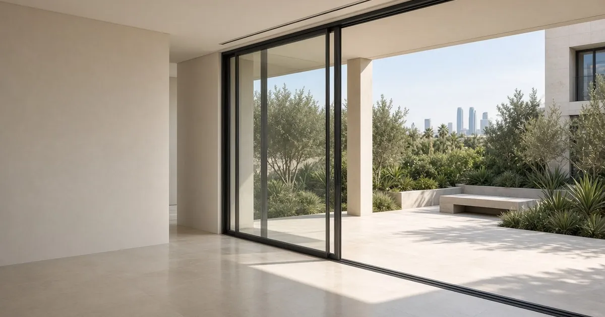 Black-framed ghost sliding glass doors opening onto a patio and city skyline
