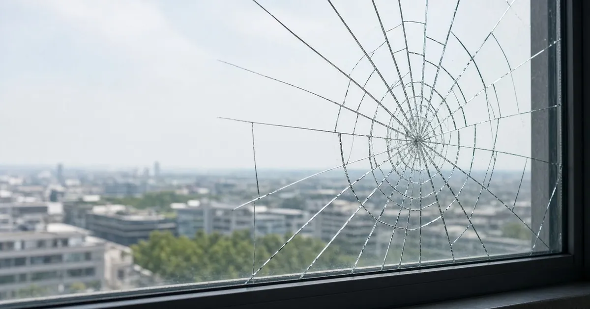 Close-up of cracked window glass held together by safety film with blurred city behind