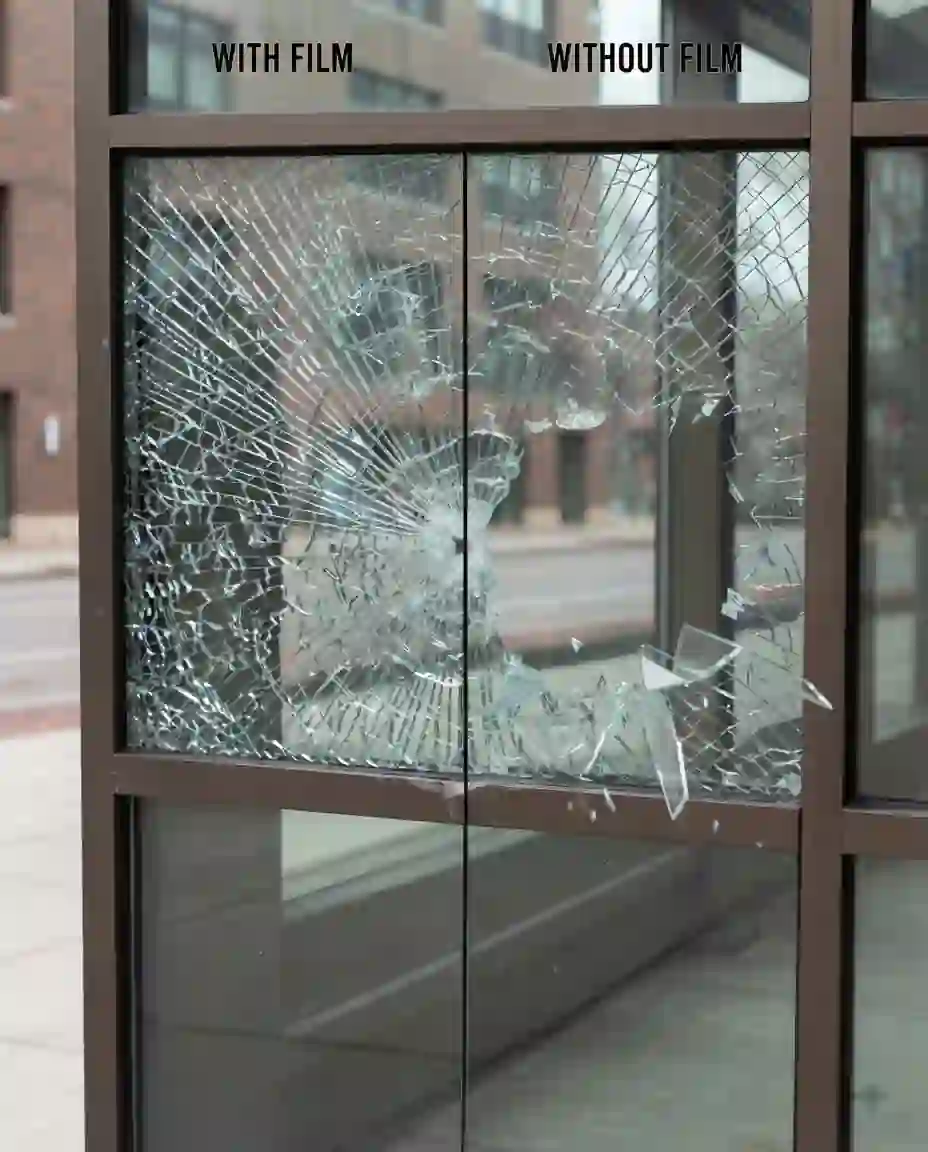 Cracked glass pane held together by shatter safety film next to a pane without film