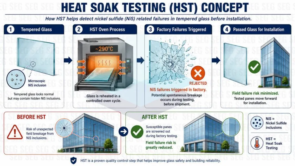 Infographic explaining heat soak testing (HST) of tempered glass, before and after the test