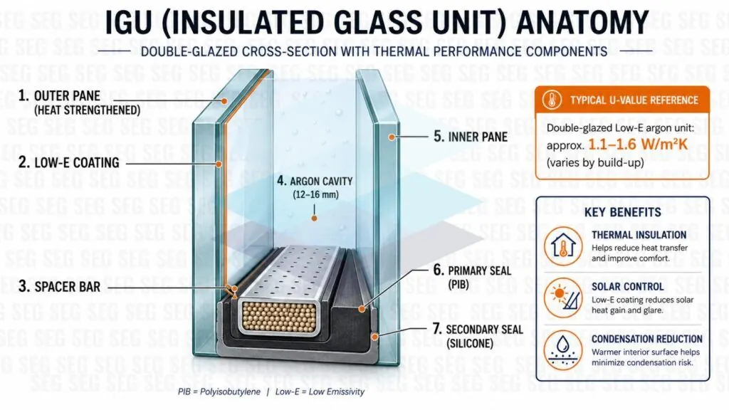 Diagram of an insulated glass unit (IGU) cross-section showing the panes, Low-E coating, spacer bar, argon cavity and seals