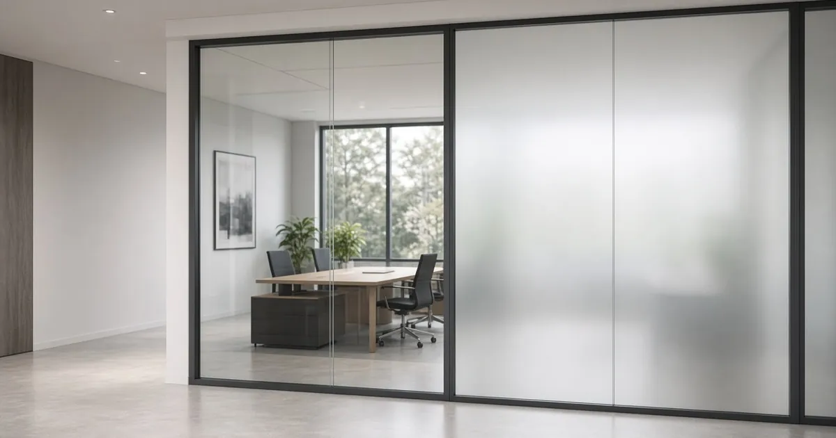 Office meeting room with laminated smart glass wall of one clear and one frosted panel