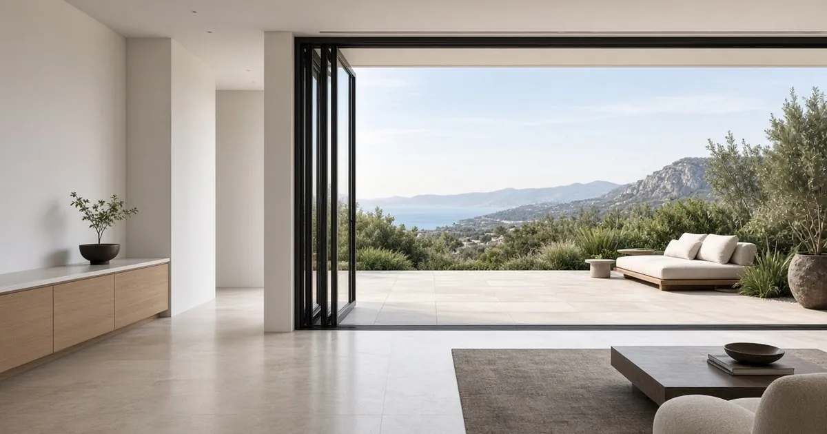 Black-framed linkage sliding doors fully retracted to open a wide patio to hills and sea
