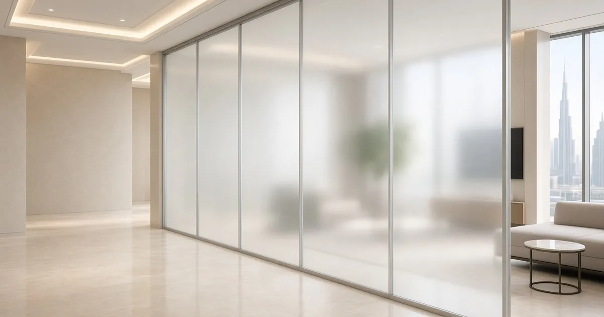 Long white-framed frosted glass partition in a bright minimalist lobby with polished floor