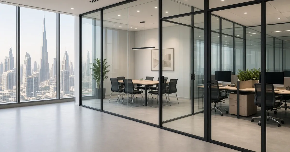 Modern Dubai office with glass partitions separating a meeting room from an open work area