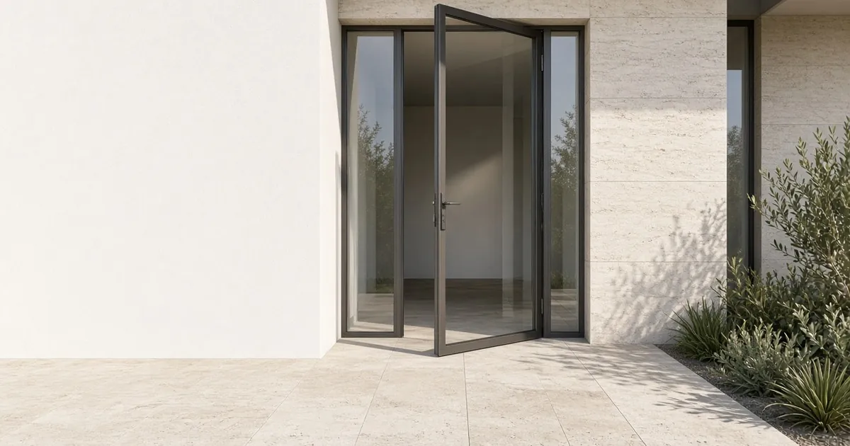 Slim-frame pivot glass door slightly open at a modern villa entrance with stone paving