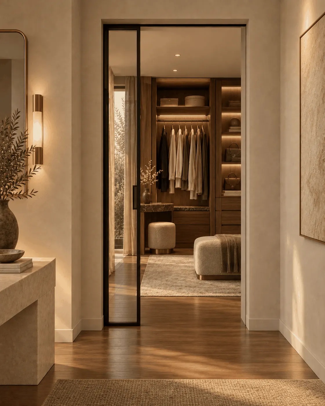 Pocket Sliding Door with a slim black frame partly open to a walk-in wardrobe