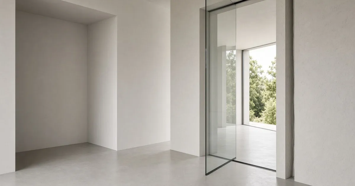 Glass pocket sliding door partly open in a white hallway beside a sunlit room
