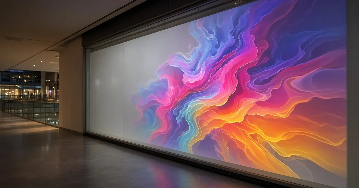 Glass panel used as a colourful projection display in a dark modern interior