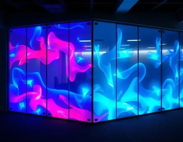 Projection Film on a glass wall showing bright pink and blue graphics