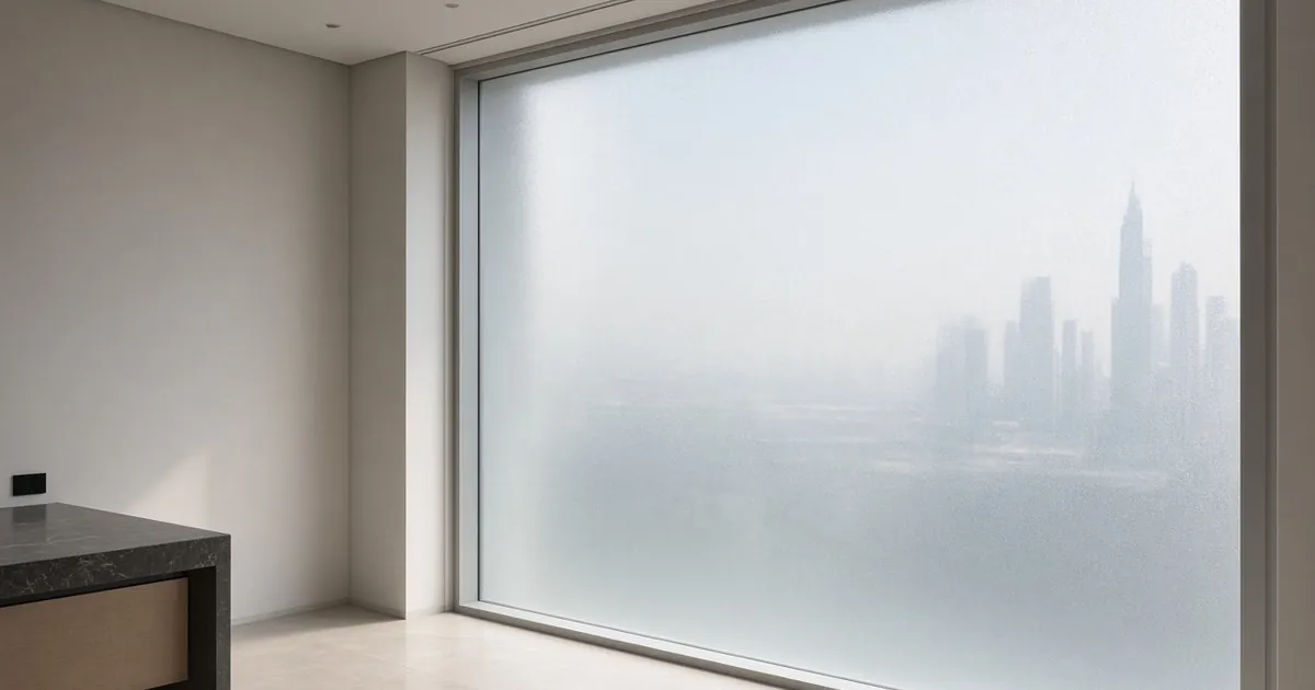 Large window with frosted self-adhesive smart film giving privacy over a Dubai skyline view