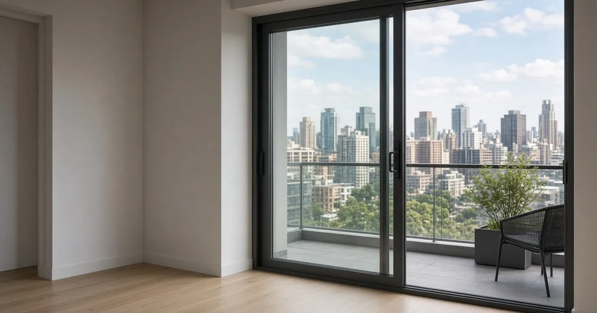 Slim black-framed single sliding glass door leading to a high-rise apartment balcony in Dubai