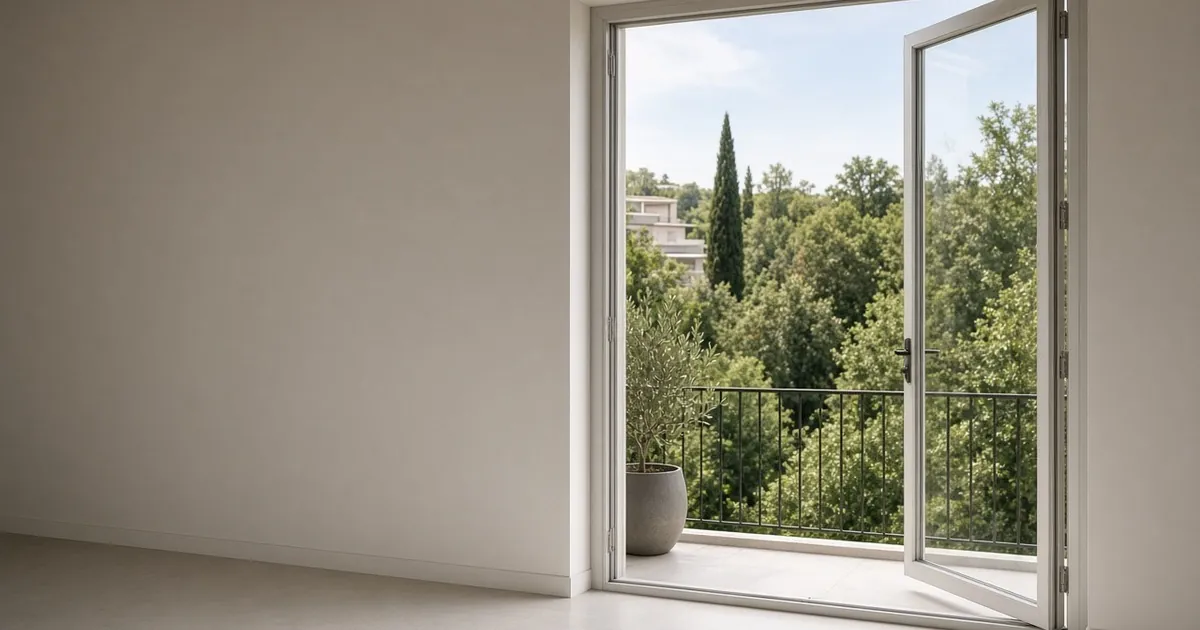 Open slim casement glass door leading to a balcony with black railing and tree views