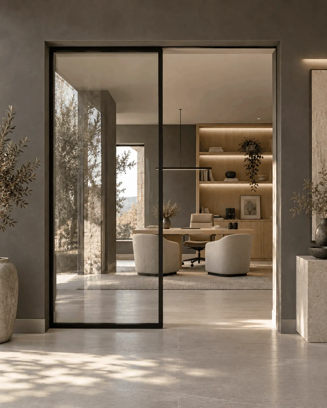 Slim black-framed glass door between an entrance hall and a home office