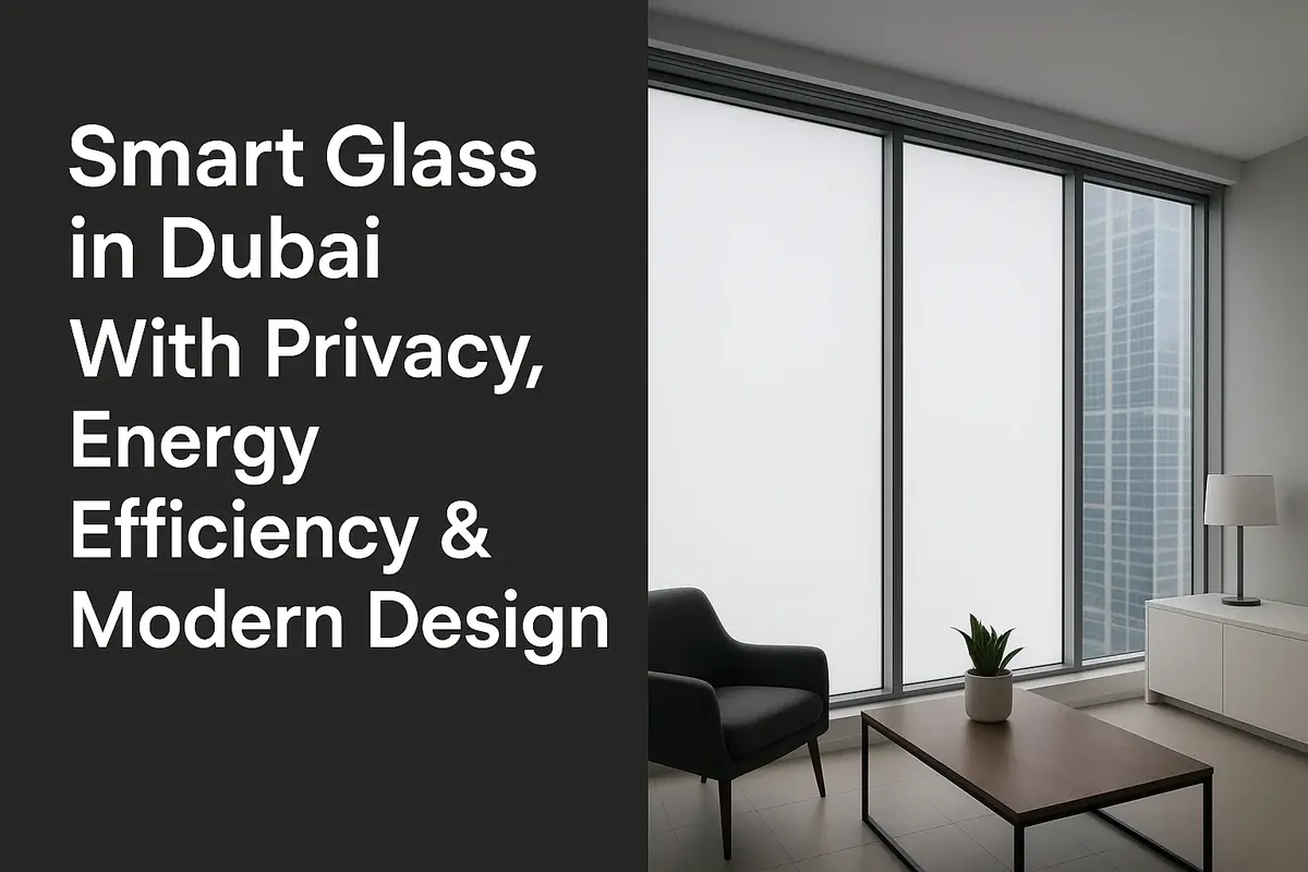 Smart Glass in Dubai banner beside a living room with frosted smart glass windows