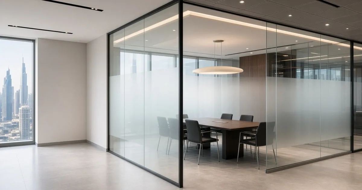 Glass-walled meeting room with a frosted privacy band in a Dubai office with skyline view