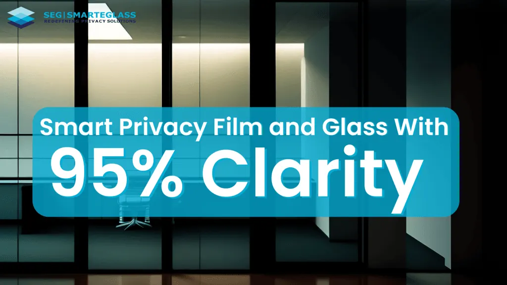 Smart privacy film and glass banner over a dark office glass wall