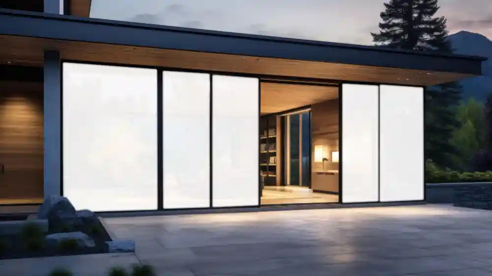 Modern house at dusk with large frosted smart privacy glass windows