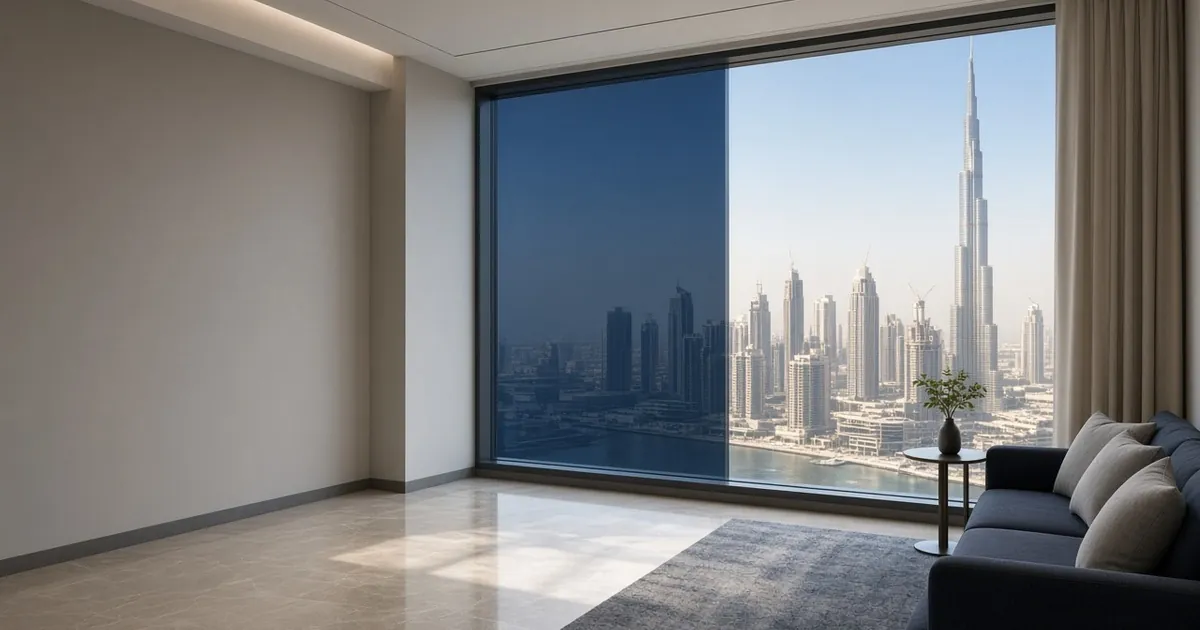 Living room window with half dark tint and half clear glass over Dubai
