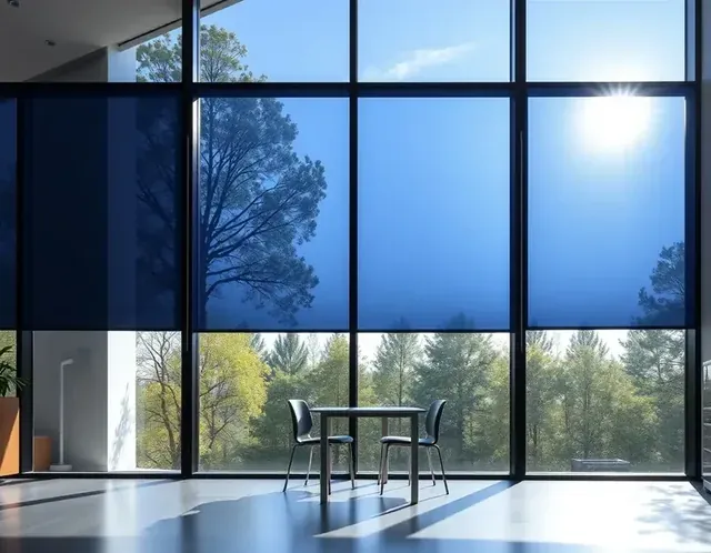 SPD Smart Glass window wall with some panes tinted dark and others clear