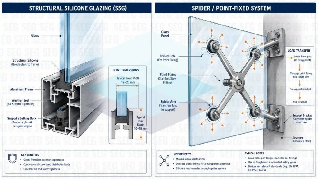 Diagram comparing structural silicone glazing (SSG) with a spider point-fixed glass system