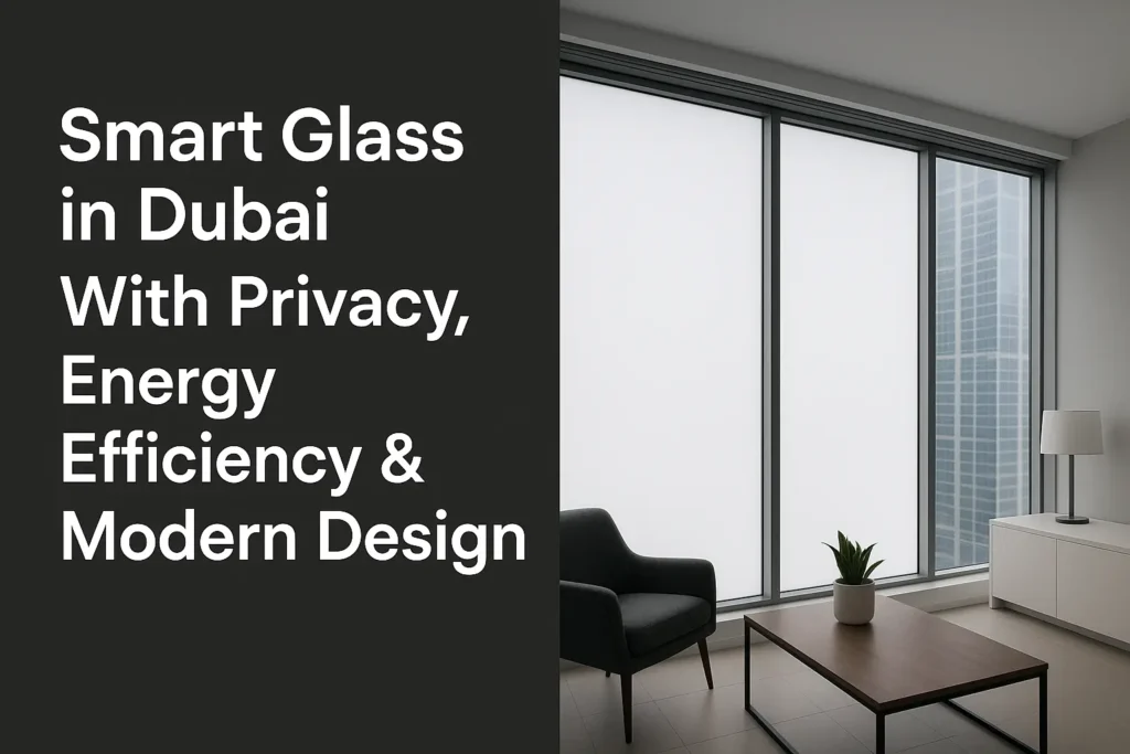 Smart glass windows in a modern Dubai office with frosted privacy mode, offering energy efficiency and sleek design.
