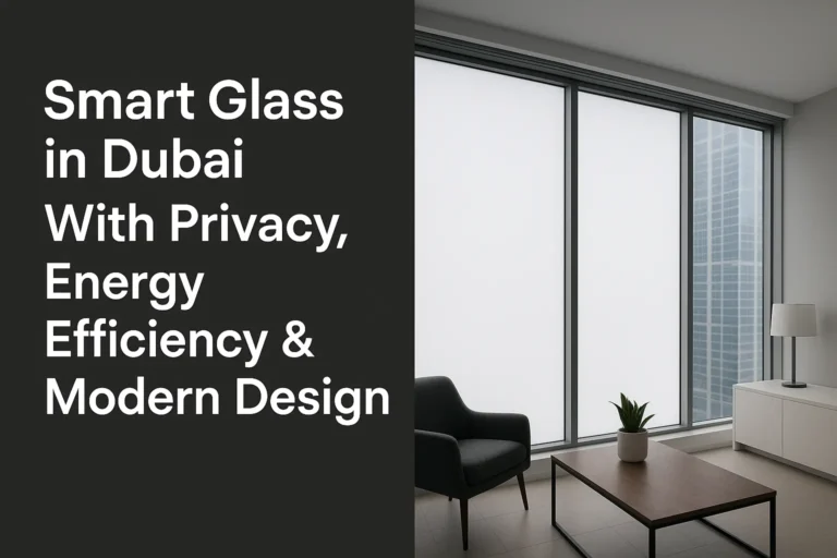 Smart glass windows in a modern Dubai office with frosted privacy mode, offering energy efficiency and sleek design.
