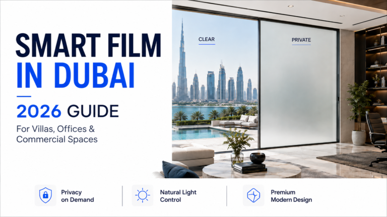 Smart film in Dubai showing clear and private glass with Dubai skyline — SEG SMARTEGLASS complete 2026 guide for villas, offices and commercial spaces